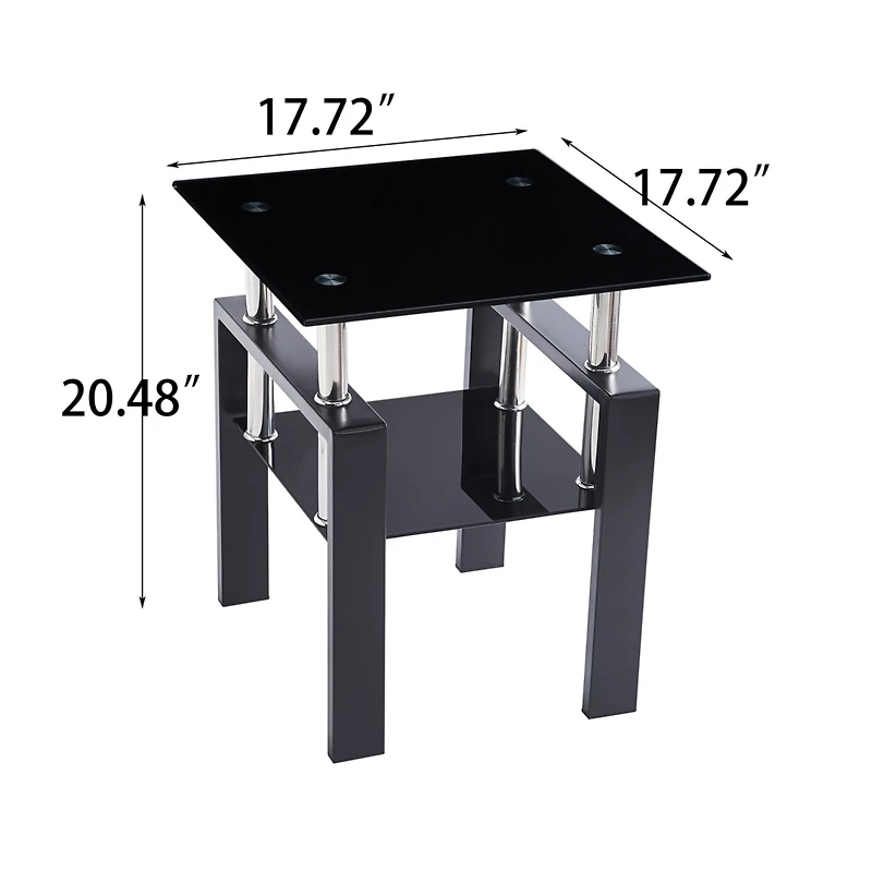 Simplie Fun 2-Piece Tempered Black Glass Sofa Table, Black Noghtstand With Metal Leg For Living Room