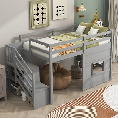 Simplie Fun Twin Loft Bed With Storage Staircase And Window, Gray