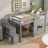 Simplie Fun Twin Loft Bed With Storage Staircase And Window, Gray