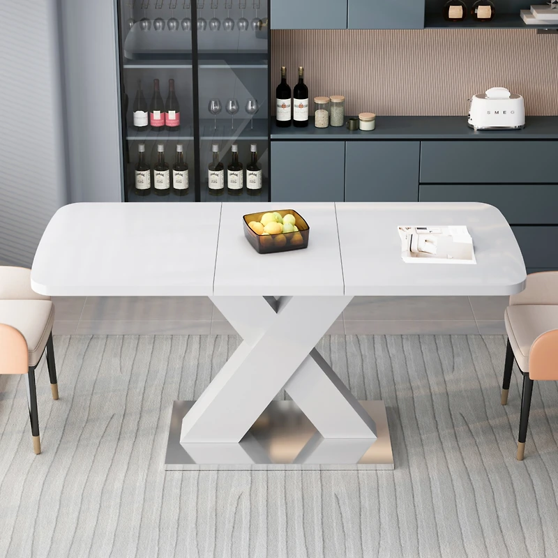 Streamdale Furniture Modern Square Dining Table, Stretchable, White Table Top+Mdf X-Shape Table Leg With Metal Base