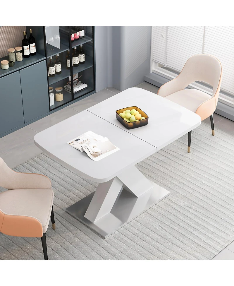 Streamdale Furniture Modern Square Dining Table, Stretchable, White Table Top+Mdf X-Shape Table Leg With Metal Base