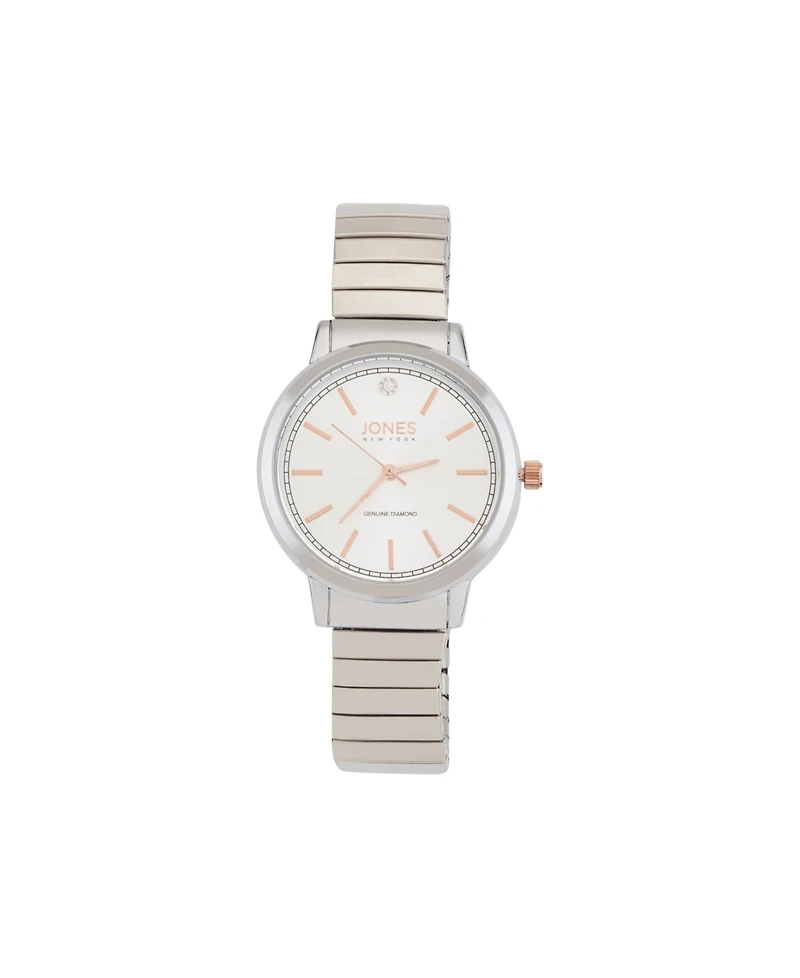 Jones New York Women's Genuine Diamond White Dial Silver-Tone Metal Narrow Bracelet Analog Watch 28mm