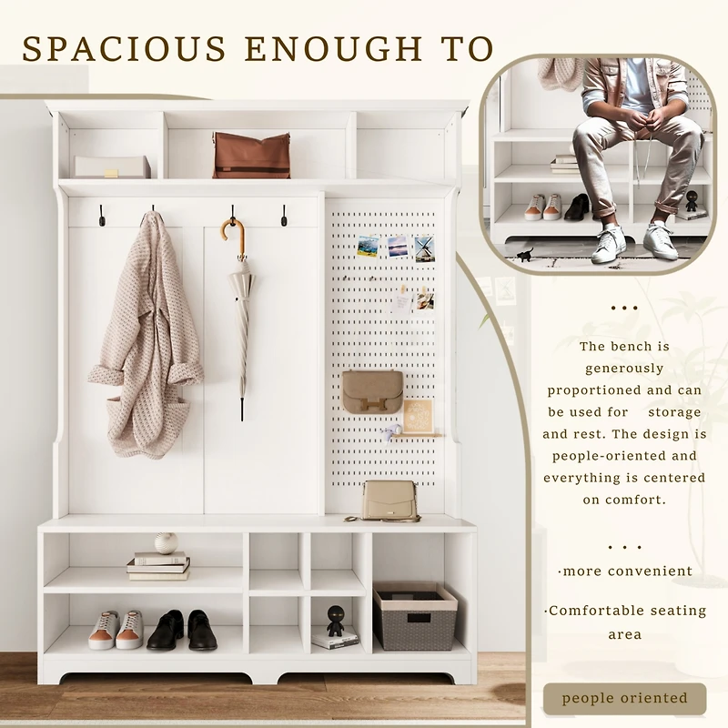 Streamdale White Hall Tree with Shoe Bench and Coat Rack