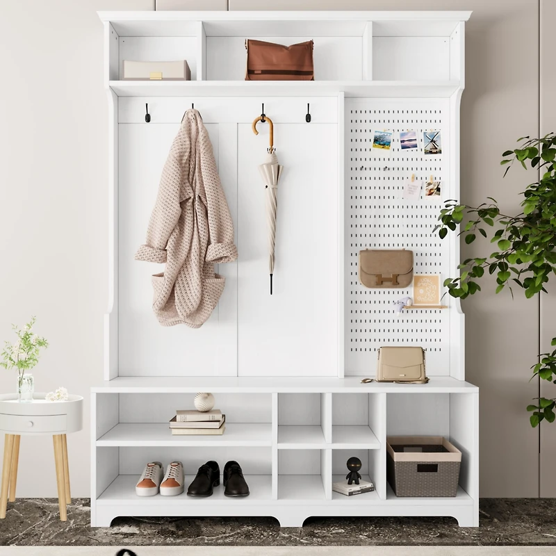Streamdale White Hall Tree with Shoe Bench and Coat Rack