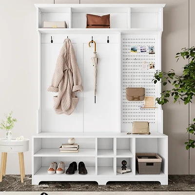 Streamdale White Hall Tree with Shoe Bench and Coat Rack