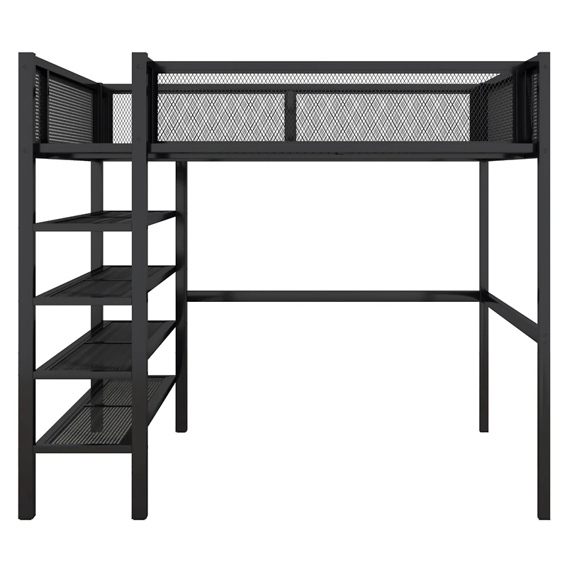 Simplie Fun Full Size Metal Loft Bed With 4-Tier Shelves And Storage, White