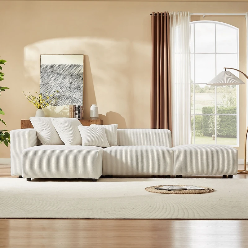Beige Corduroy Modular Sectional Sofa Set