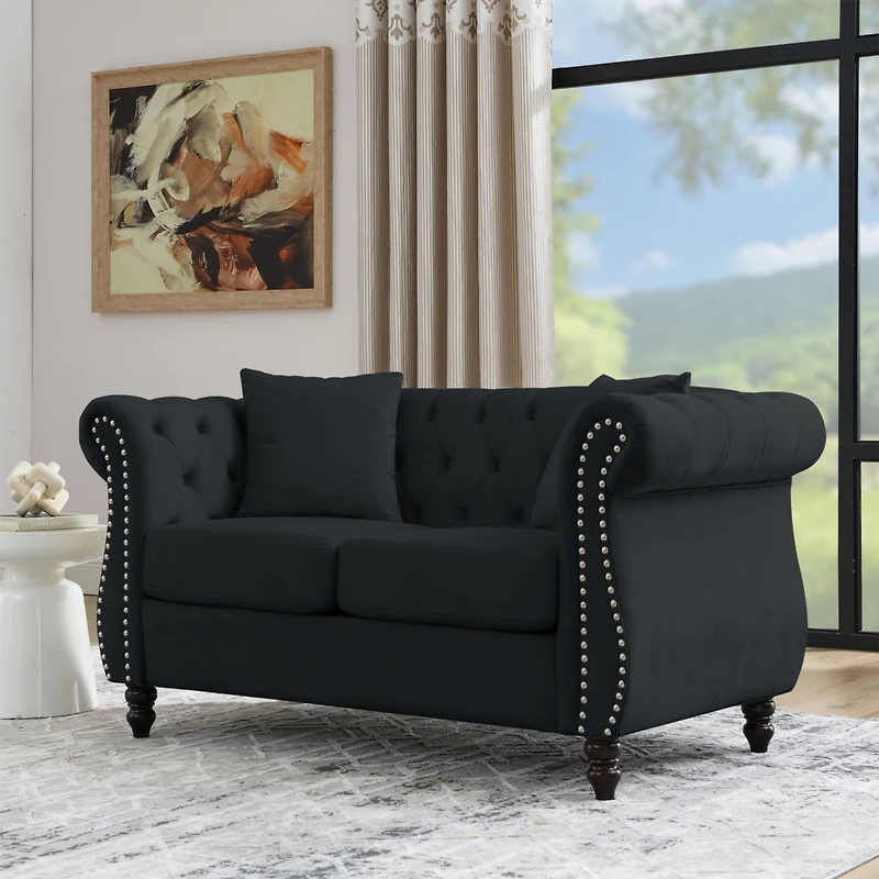 Streamdale Furniture Black Velvet Chesterfield Sofa with Rolled Arms & Nailhead Trim, 2-Seater, 2 Pillows