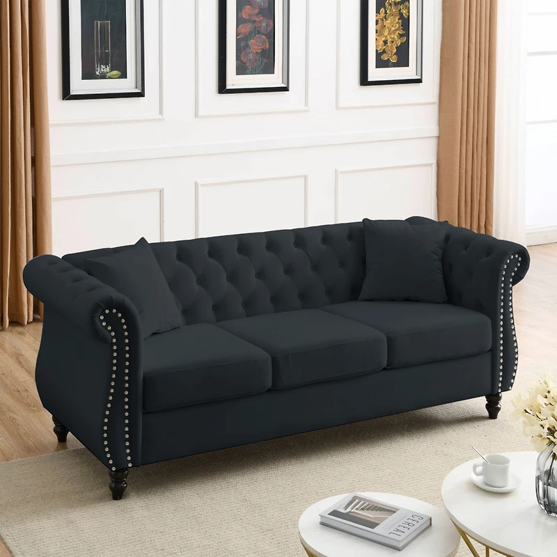 Simplie Fun Black Velvet Chesterfield Sofa with Tufted Couch, Rolled Arms, Nailhead, 3 Seater, 2 Pillows