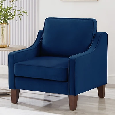 Navy Velvet Accent Armchair with Wooden Legs
