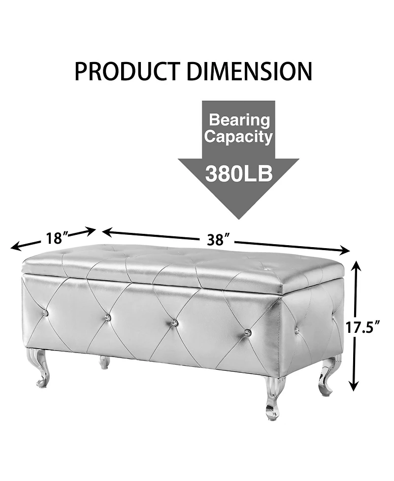 Simplie Fun Crystal Button Faux Leather Ottoman Bench - Silver