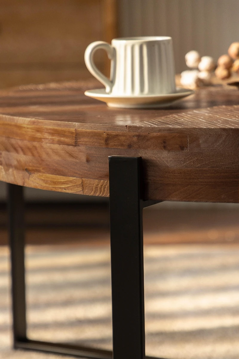 33.86"Modern Retro Splicing Round Coffee Table, Fir Wood Table Top With Black Cross Legs Base