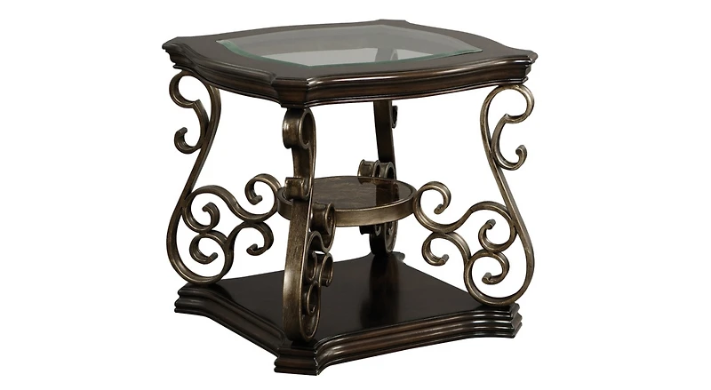 Streamdale Glass Top End Table with Marble Shelf and Metal Legs
