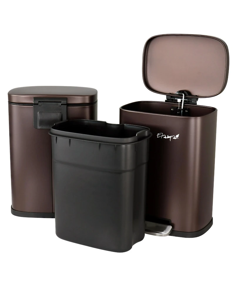 Elama 3 Piece 30 Liter and 5 Liter Stainless Steel Step Trash Bin Combo Set with Slow Close Mechanism in Matte Bronze