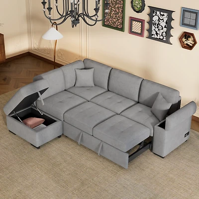 Simplie Fun L-Shaped Sleeper Sectional Sofa with Usb Charge