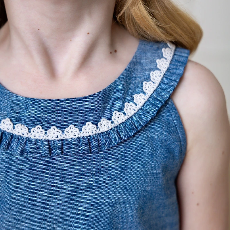 Hope & Henry Toddler Girls Sleeveless Ruffle Collar Chambray Button Back Top