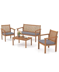 4 Pcs Patio Wood Furniture Set with Loveseat, 2 Chairs & Coffee Table for Porch