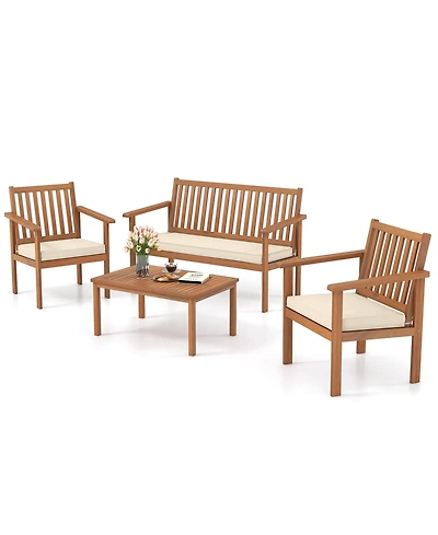 4 Pcs Patio Wood Furniture Set with Loveseat, 2 Chairs & Coffee Table for Porch