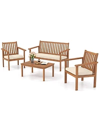 4 Pcs Patio Wood Furniture Set with Loveseat, 2 Chairs & Coffee Table for Porch