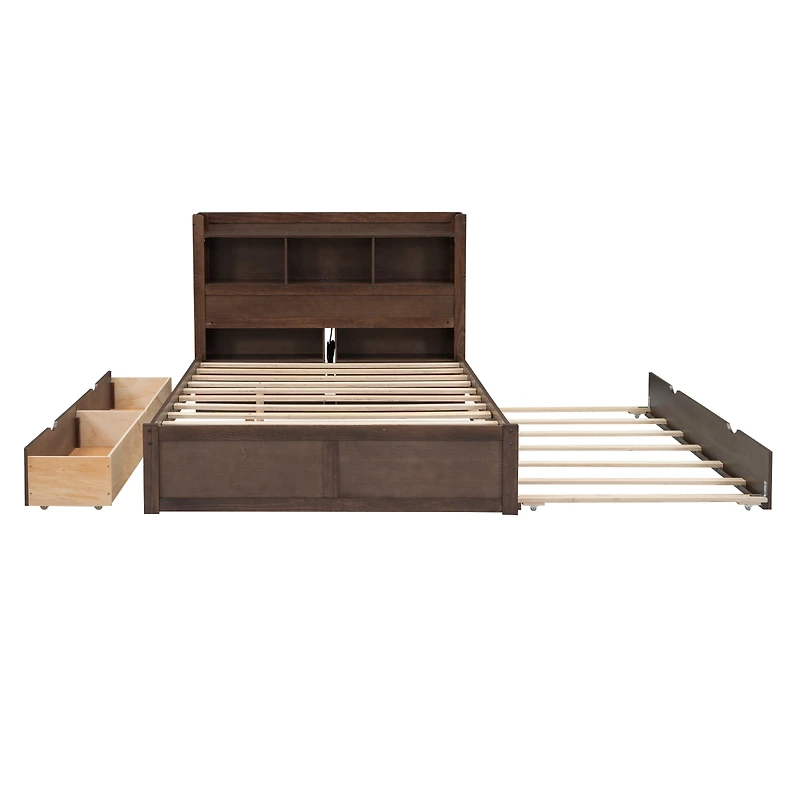 Full Storage Platform Bed With Pull Out Shelves, Twin Trundle And 2 Drawers