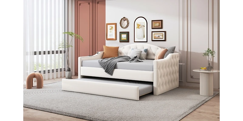 Simplie Fun Gray Velvet Daybed with Trundle & Usb Charging