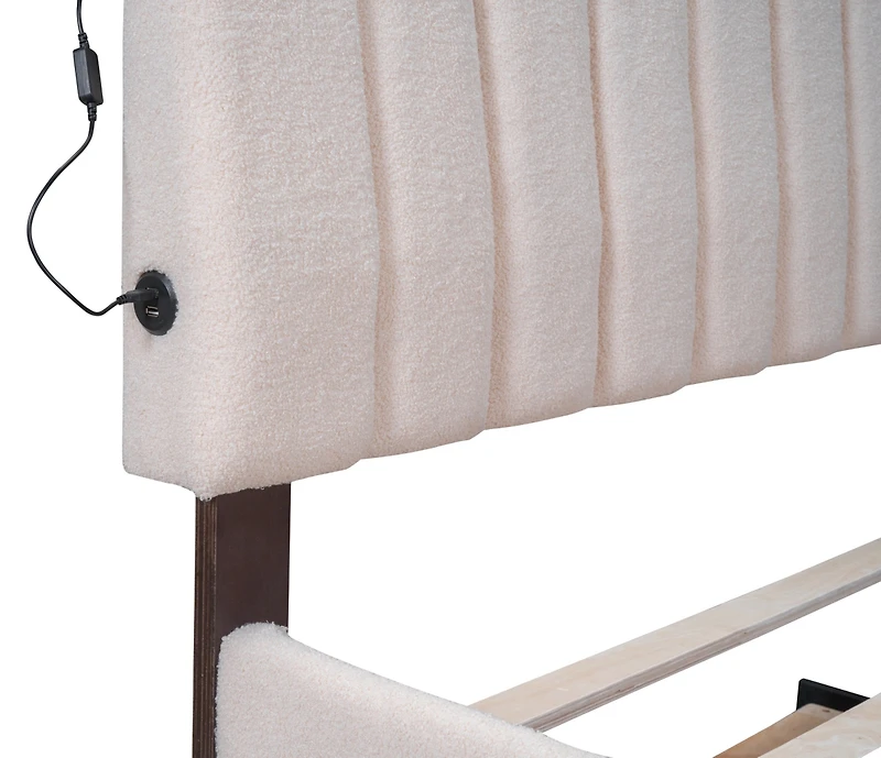 Simplie Fun Teddy Fleece Queen Upholstered Platform Bed With Trundle, Beige