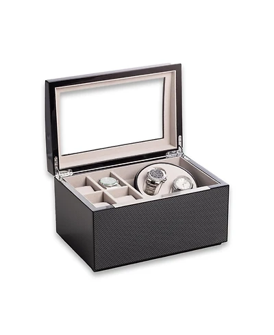 Bey-Berk Lacquered Carbon Fiber Finish 2 Watch Winder with Storage for 4 Watches