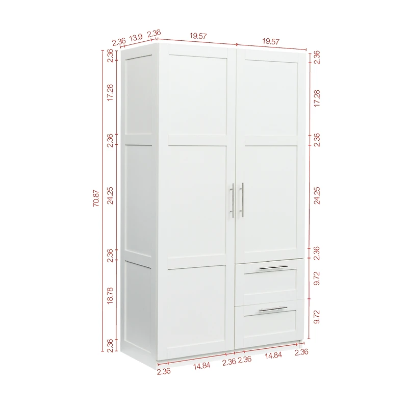 Streamdale Furniture High Wardrobe And Kitchen Cabinet With 2 Doors, 2 Drawers And 5 Storage Spaces, White