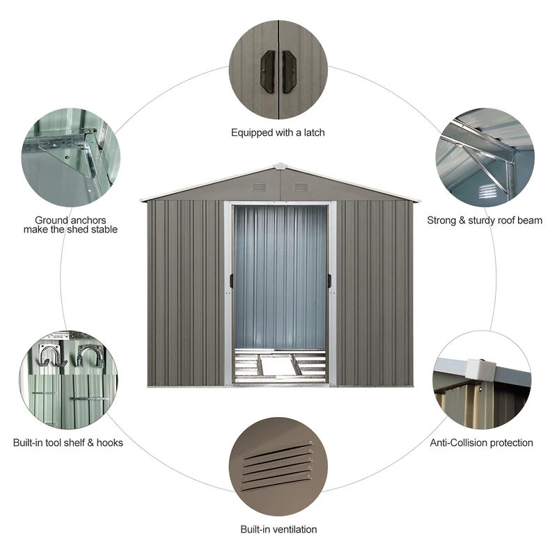 Streamdale 8x10FT Outdoor Metal Storage Shed Grey