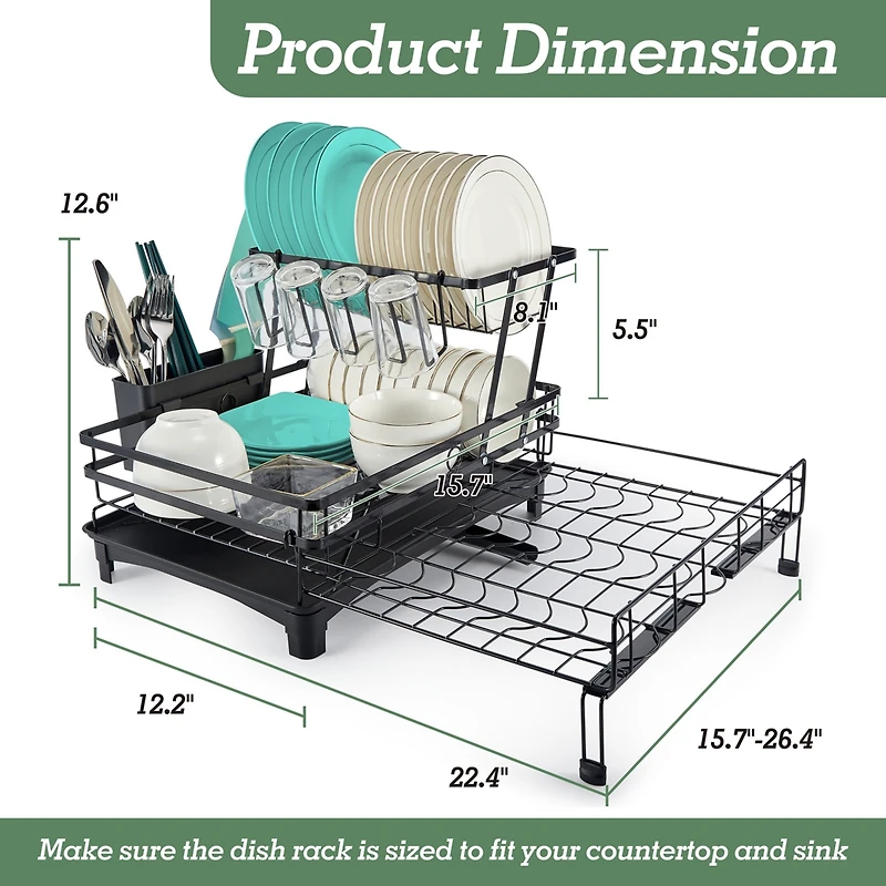 2-Tier Collapsible Expandable Dish Rack with Swivel Drain Spout and Rust-Resistant Stainless Steel Frame