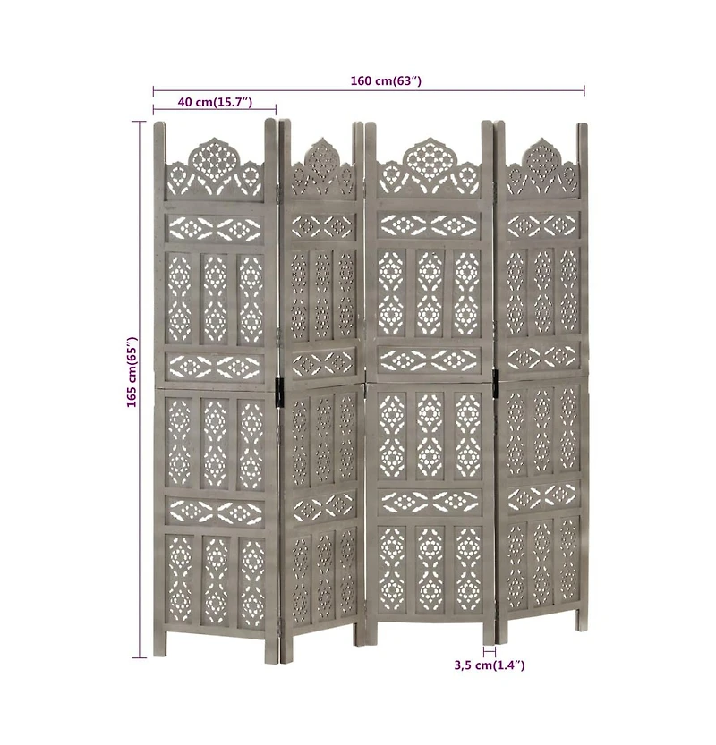 vidaXL Hand carved 4-Panel Room Divider Gray 63"x65" Solid Mango Wood