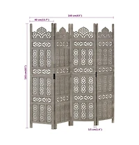 vidaXL Hand carved 4-Panel Room Divider Gray 63"x65" Solid Mango Wood