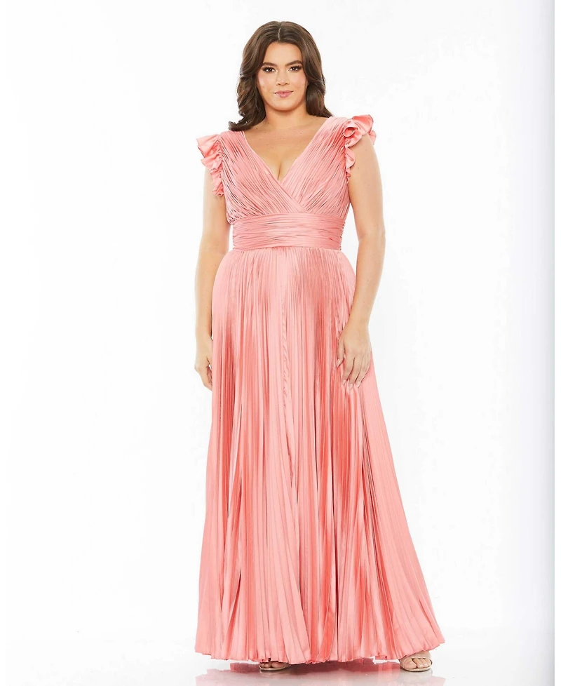 Mac Duggal Plus Flutter Sleeve Pleated V-Neck Gown