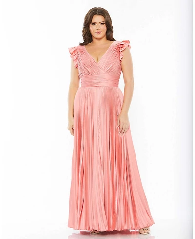 Mac Duggal Plus Flutter Sleeve Pleated V-Neck Gown