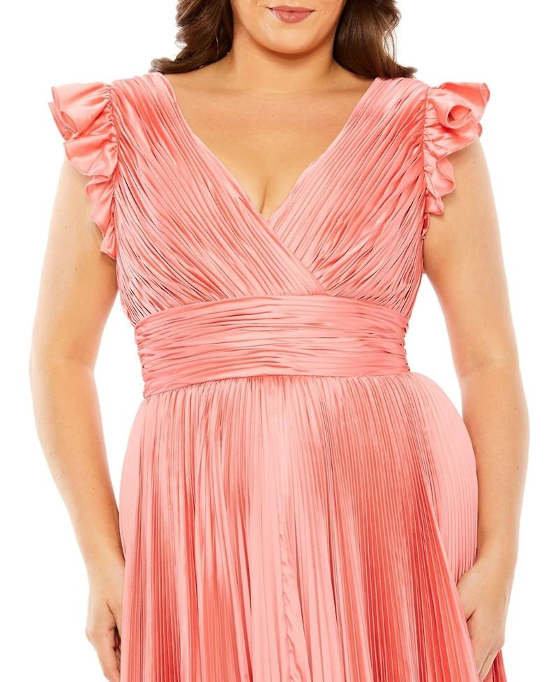 Mac Duggal Plus Flutter Sleeve Pleated V-Neck Gown