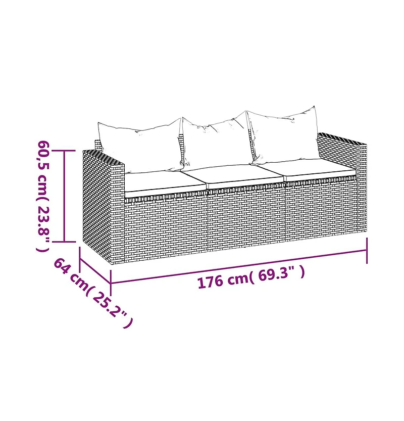 vidaXL 3-Seater Patio Sofa with Cushions Gray Poly Rattan