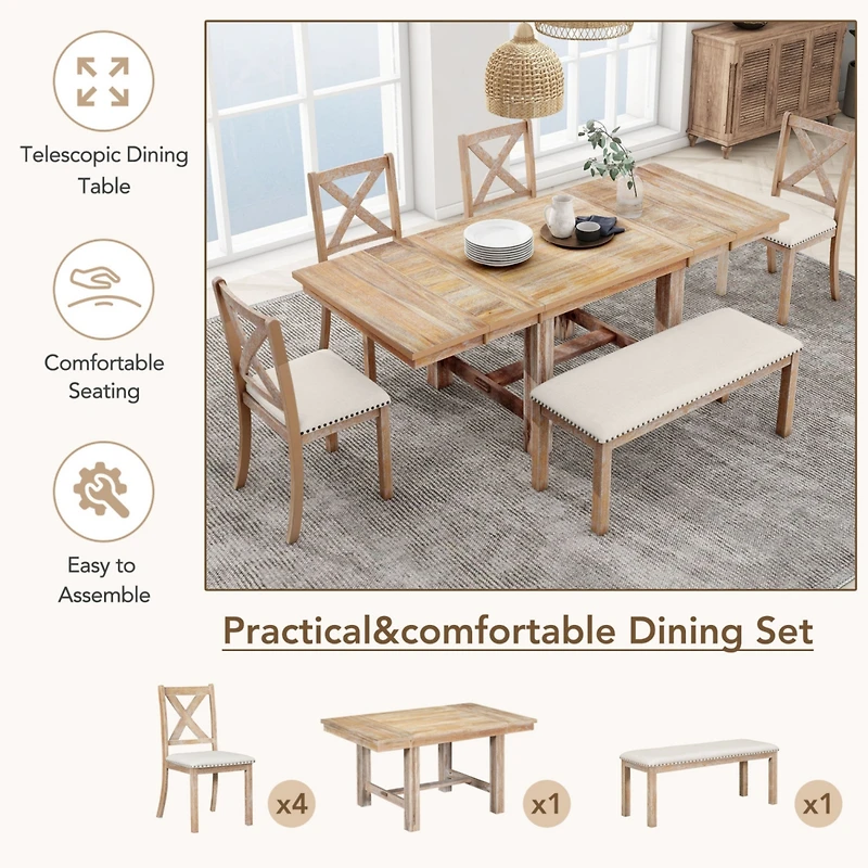 Streamdale Furniture 6-Piece Wood Dining Table Set Kitchen Table Set With Upholstered Bench And 4 Dining Chairs