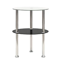 vidaXL 2-Tier Side Table Transparent & Black 15" Tempered Glass