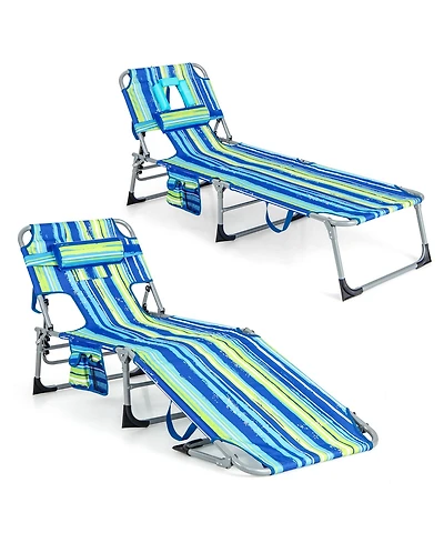 Costway 2 Pcs Outdoor Beach Lounge Chair Folding Chaise Lounge with Pillow