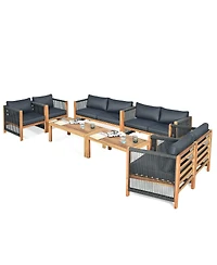 Gymax 8PCS Acacia Wood Outdoor Patio Furniture Set Cushioned Sofa W/Nylon Rope Armrest
