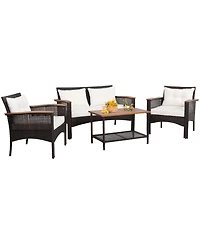 Gymax 4PCS Rattan Patio Furniture Set Acacia Wood Outdoor Conversation Set w/ Cushions