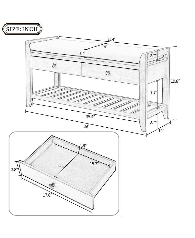 Simplie Fun Shoe Rack With Cushioned Seat And Drawers, Multipurpose Entryway Storage Bench (White)