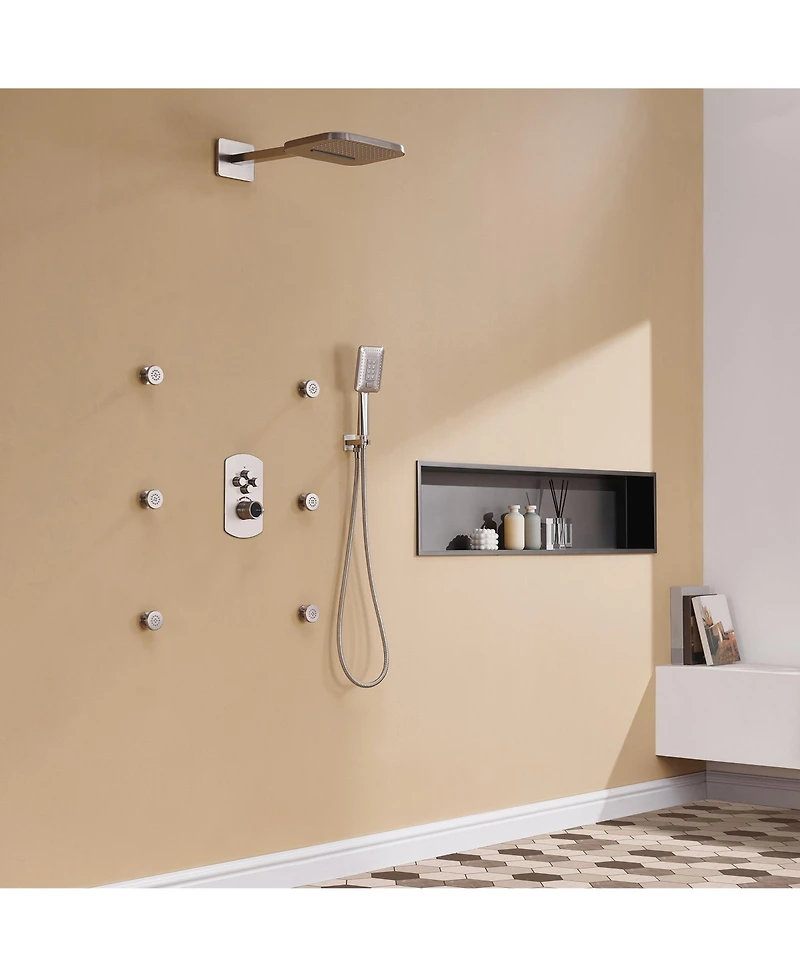 Mondawe Pressure Balanced 3 Functions 6 Sprays 22 Inch Wall Mounted Shower System with Body Jets and Rough-in Valve Brushed Nickel