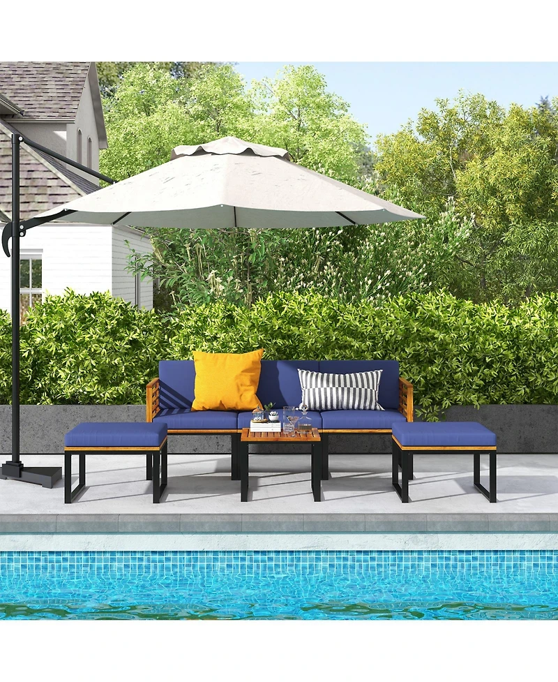 Slickblue 6 Piece Patio Acacia Wood Conversation Sofa Set with Ottomans and Coffee Table-Navy