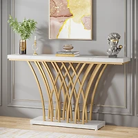 Tribesigns 59.06 inch Gold Console Table, Modern Entryway Table with Grid-Shaped Metal Base for Entrance, Hallway, Entryway, Living Room(White Faux Ma