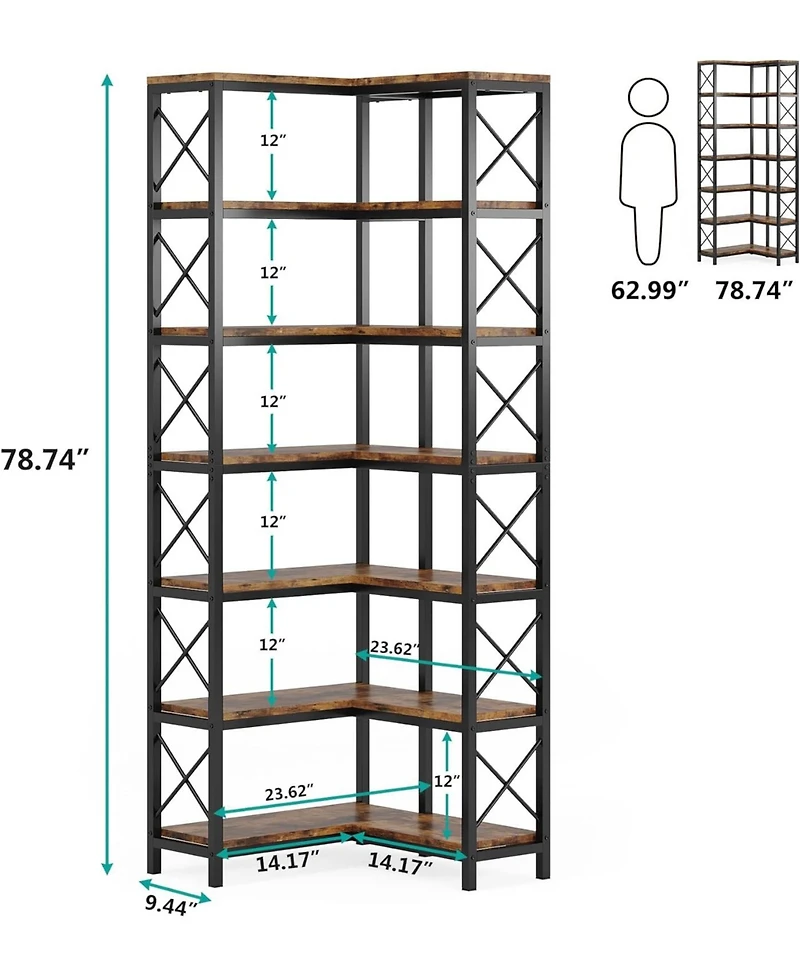 Tribesigns 7-Tier Corner Bookcase, Industrial Large Corner Bookshelf, Tall Corner Shelf Storage Display Rack with Metal Frame for Living Room Home Off