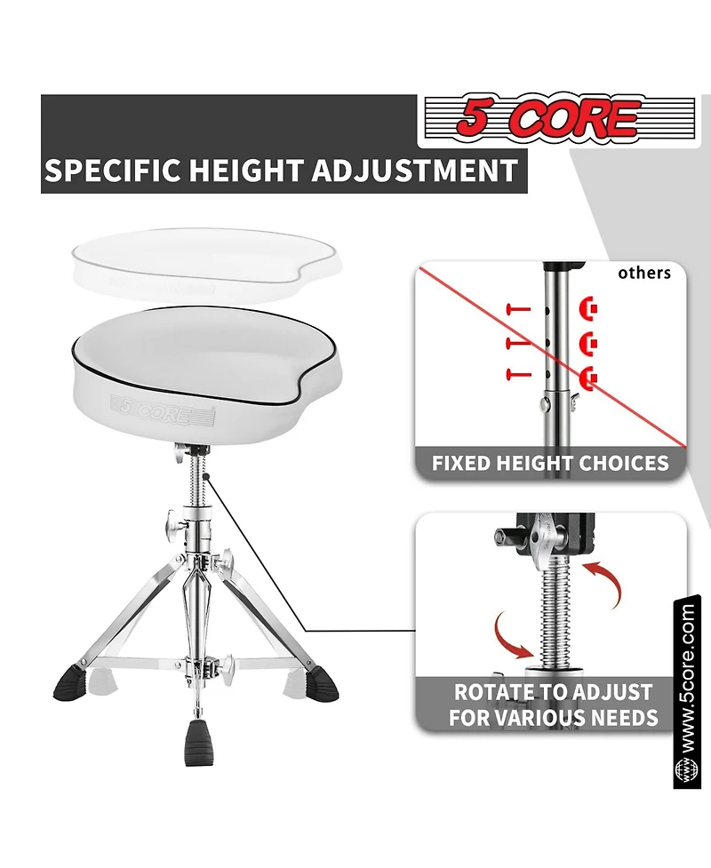 5 Core Drum Throne Padded Guitar Stool Swivel Height Adjustable Ergonomic Music Chair For Adults And Kids w Anti Slip Rubber Feet - Ds Ch Wh Sdl Hd