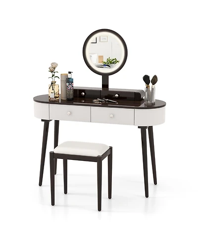 Solid Wood Makeup Vanity Desk Set with Led Lighted Mirror Drawers Cushioned Stool
