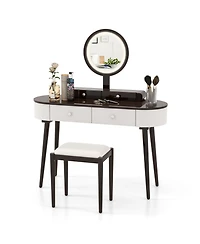 Solid Wood Makeup Vanity Desk Set with Led Lighted Mirror Drawers Cushioned Stool