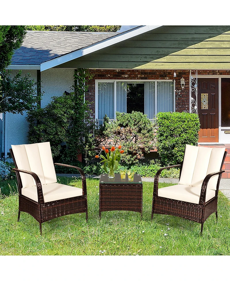Gymax 3PCS Patio Outdoor Rattan Conversation Set Furniture Set w/ Table Cushions